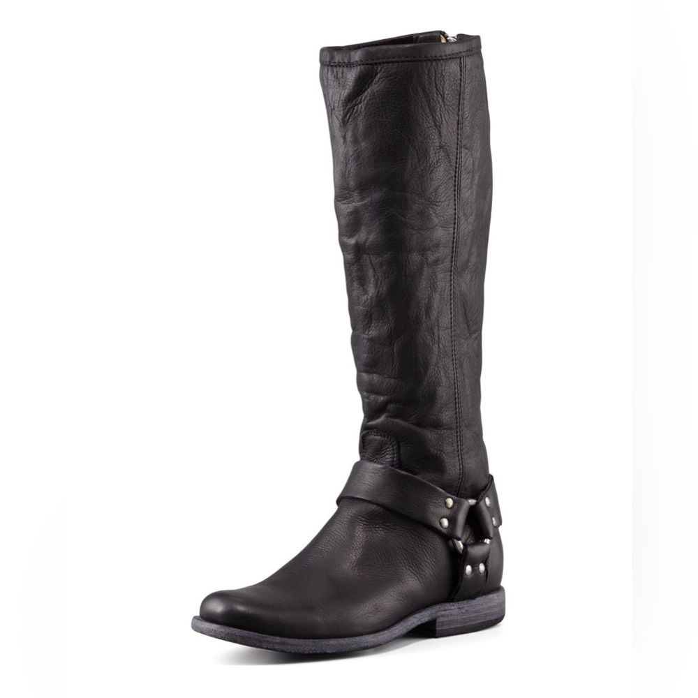 EUC: Women’s FRYE Phillip Harness Extended Calf Black Boots 6 1/2” Cowgirl HIP